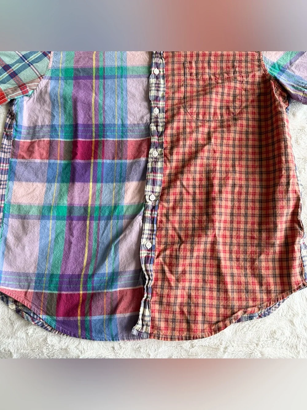 J Crew Patchwork Shirt Mens Large Multicolor Indian Madras Plaid Preppy Collared